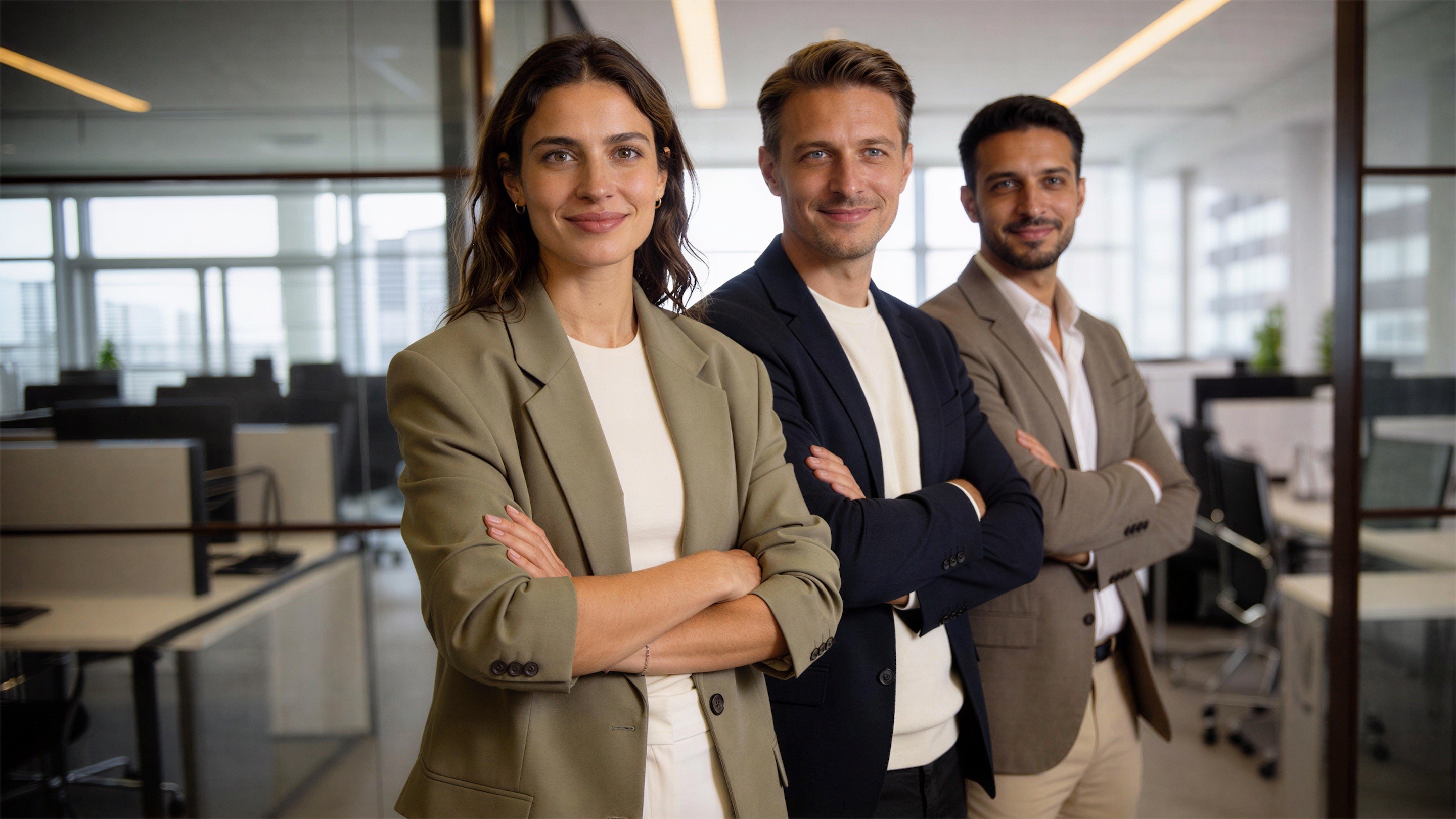 Three colleagues standing with arms crossed in an open-plan office.