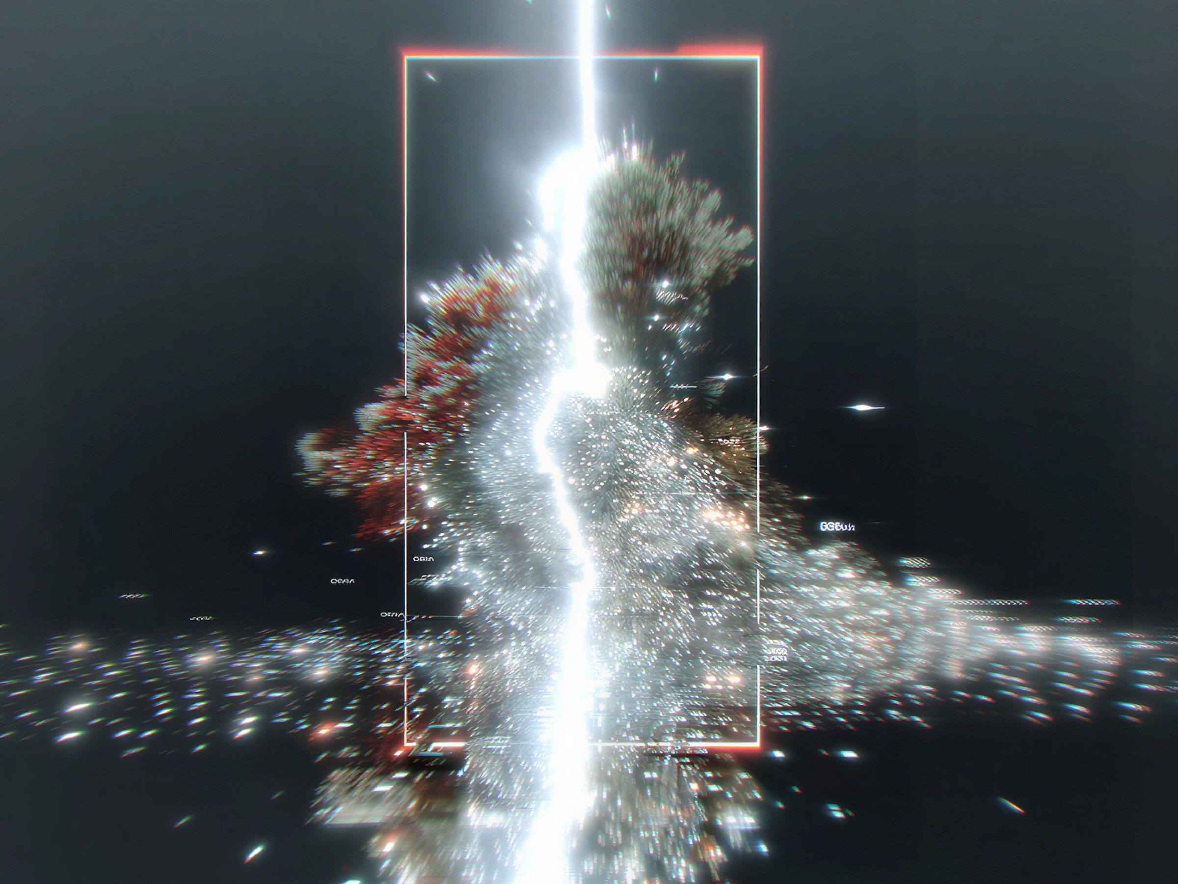 A bright vertical beam of light scattering sparks inside a thin frame.