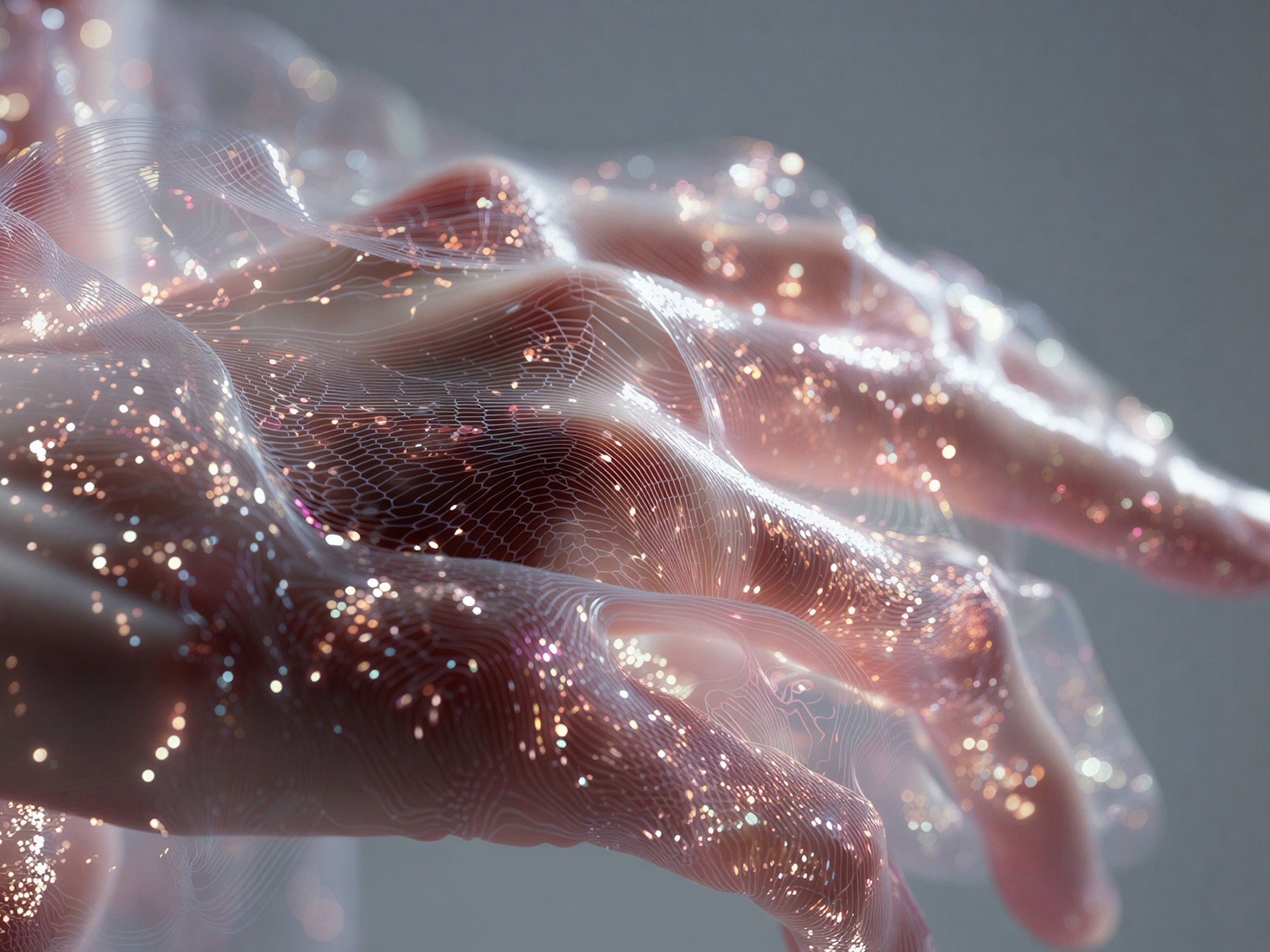 A hand covered in a glittering, glass-like texture.