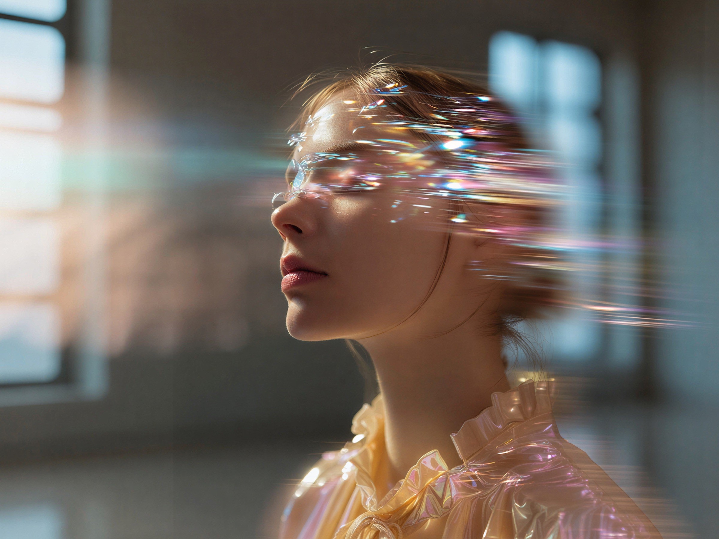 A woman in profile with her face dissolving into streaks of light.