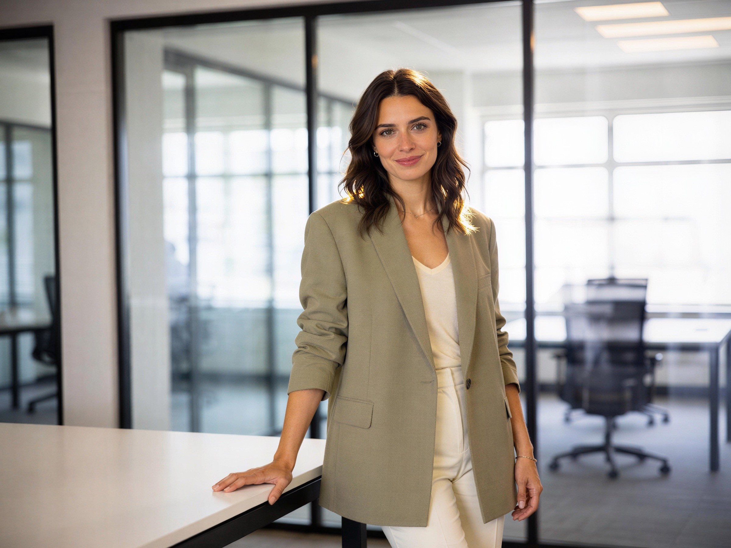 Koraline Spencer leaning against a desk in a glass-walled office.