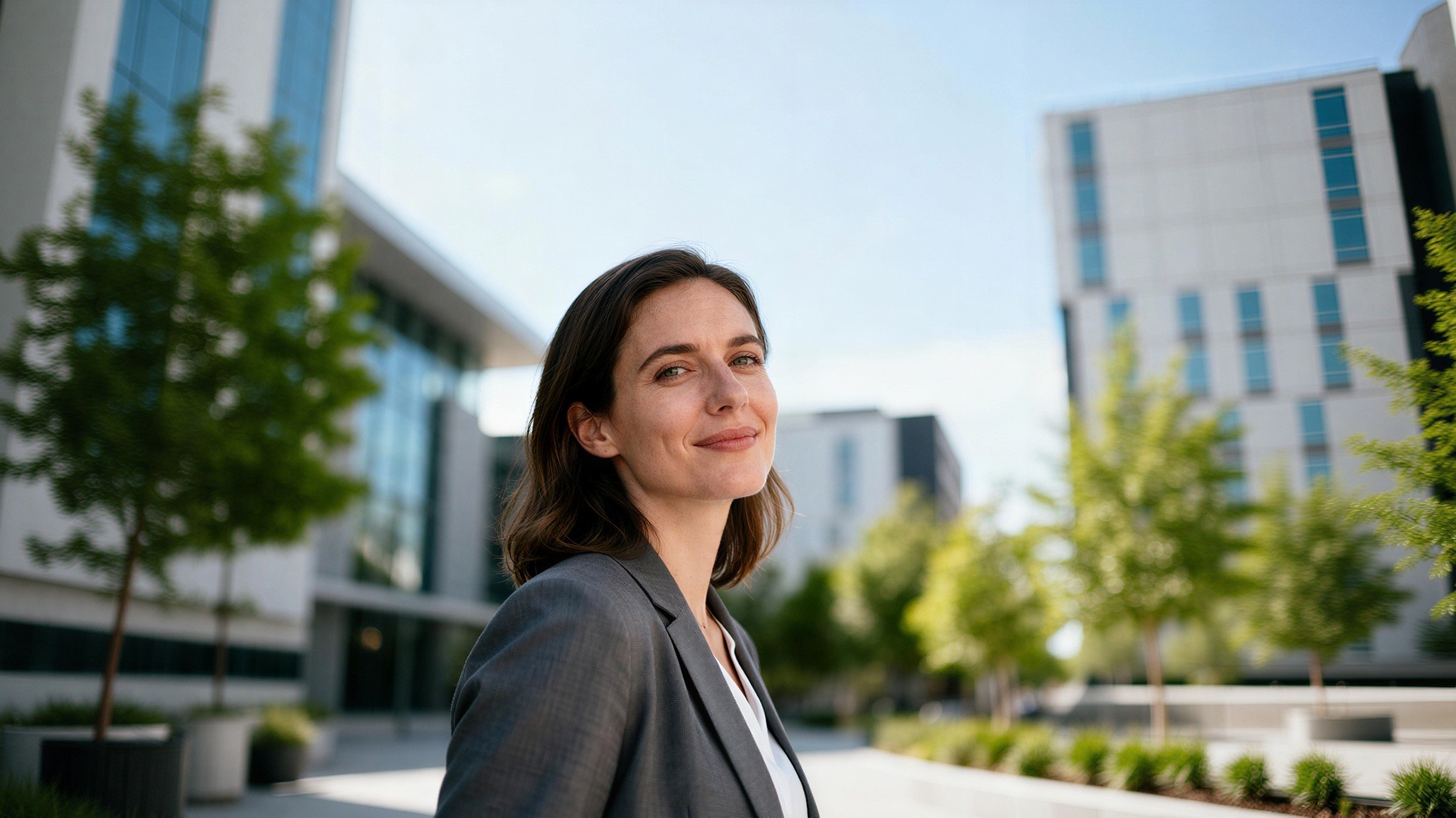 A smiling woman standing outside a modern office building.