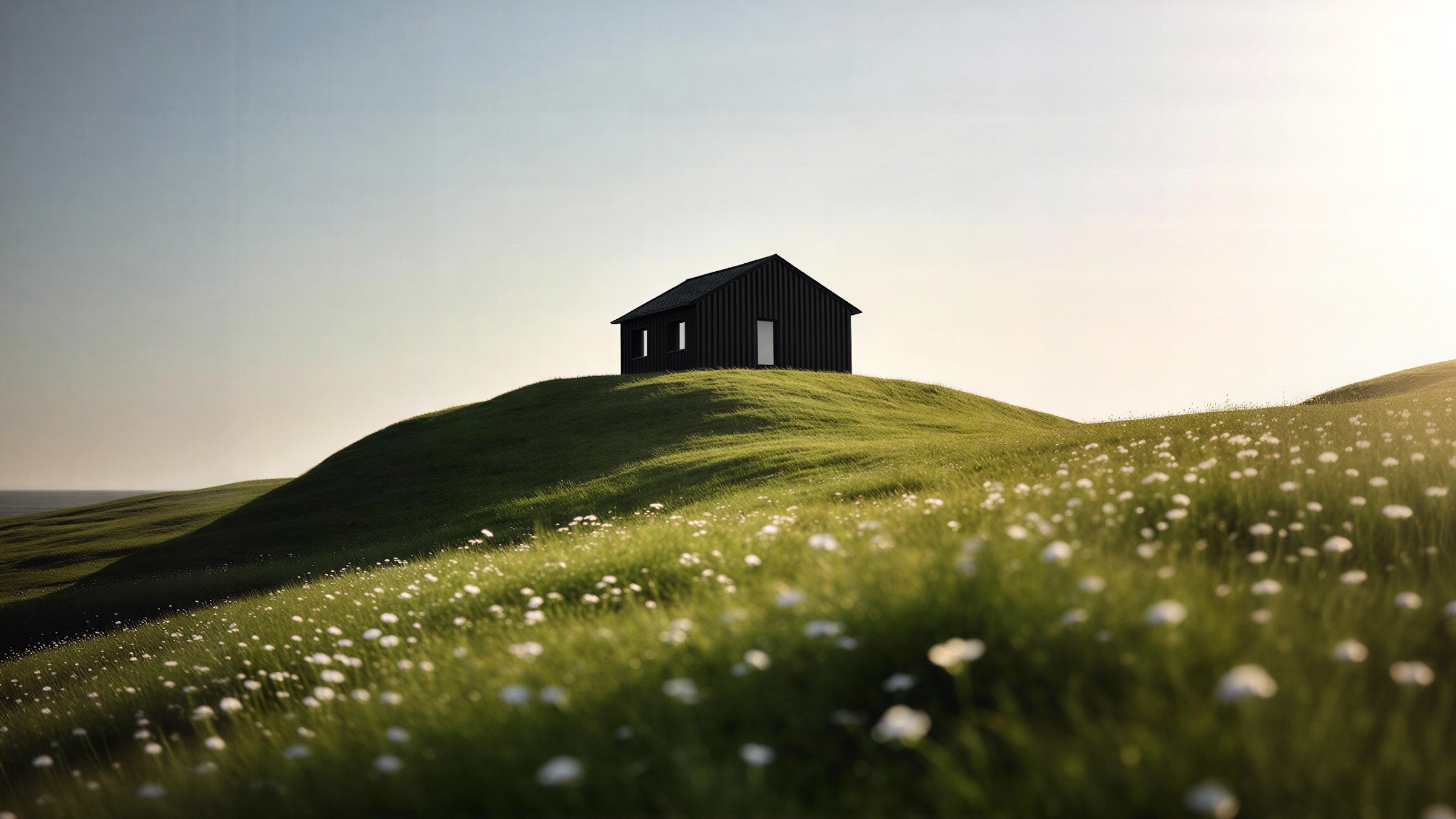 A small dark house on top of a grassy hill under an evening sky.