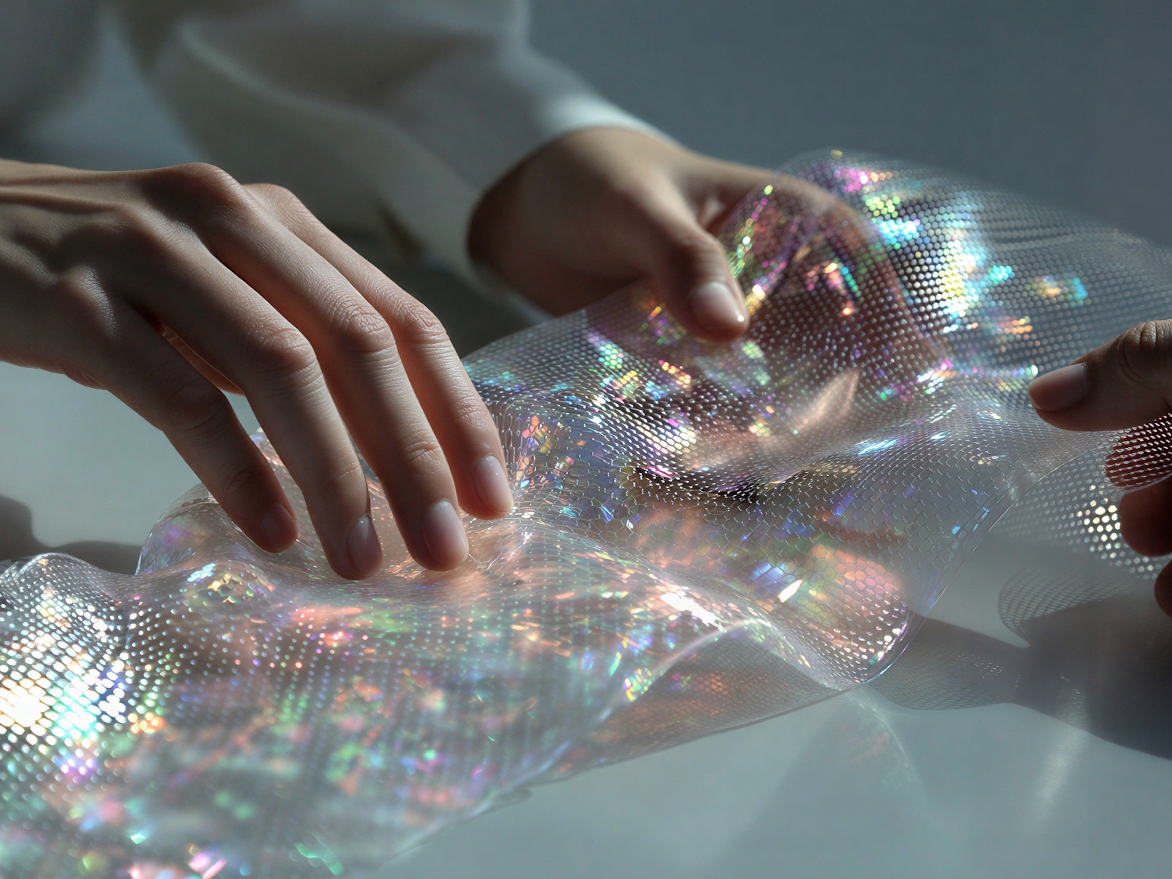 Hands holding a sheet of shimmering transparent material.