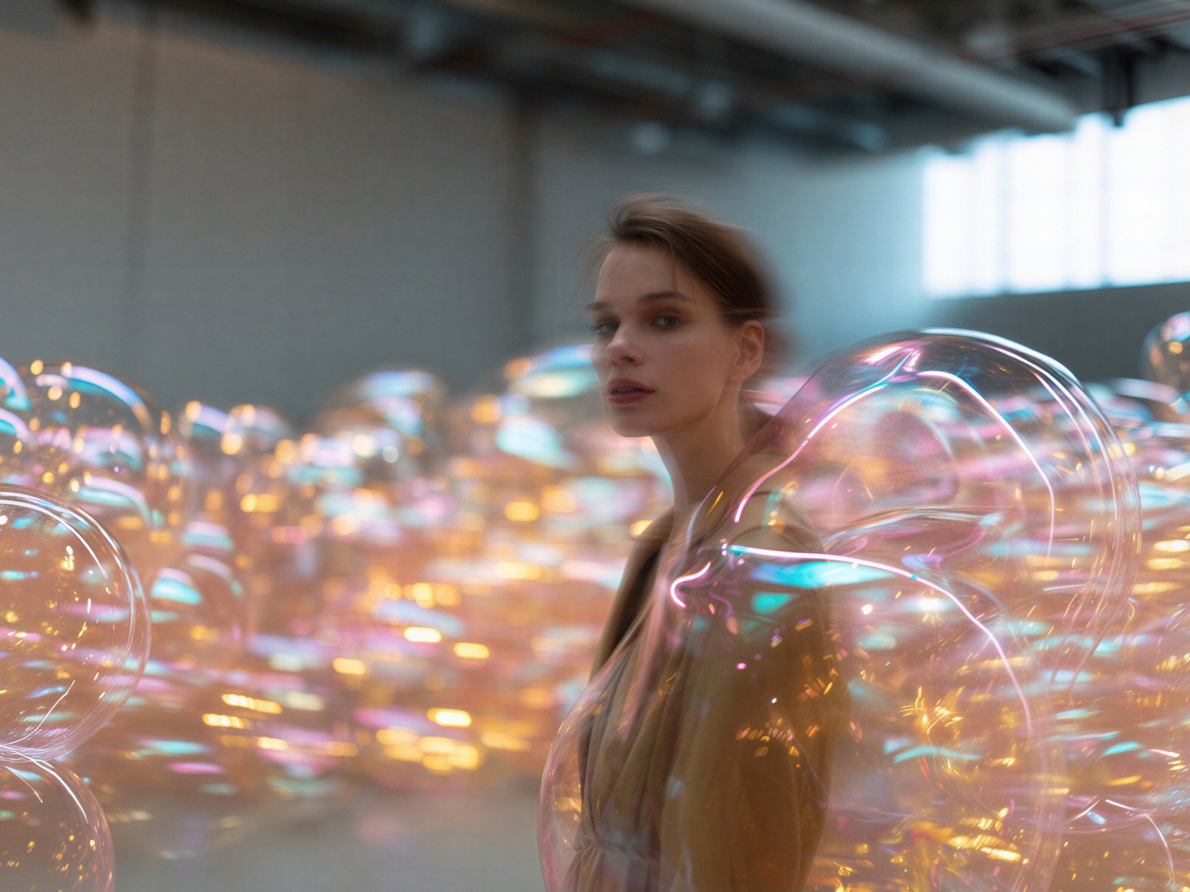 A woman standing among swirling transparent ribbons in a bright room.