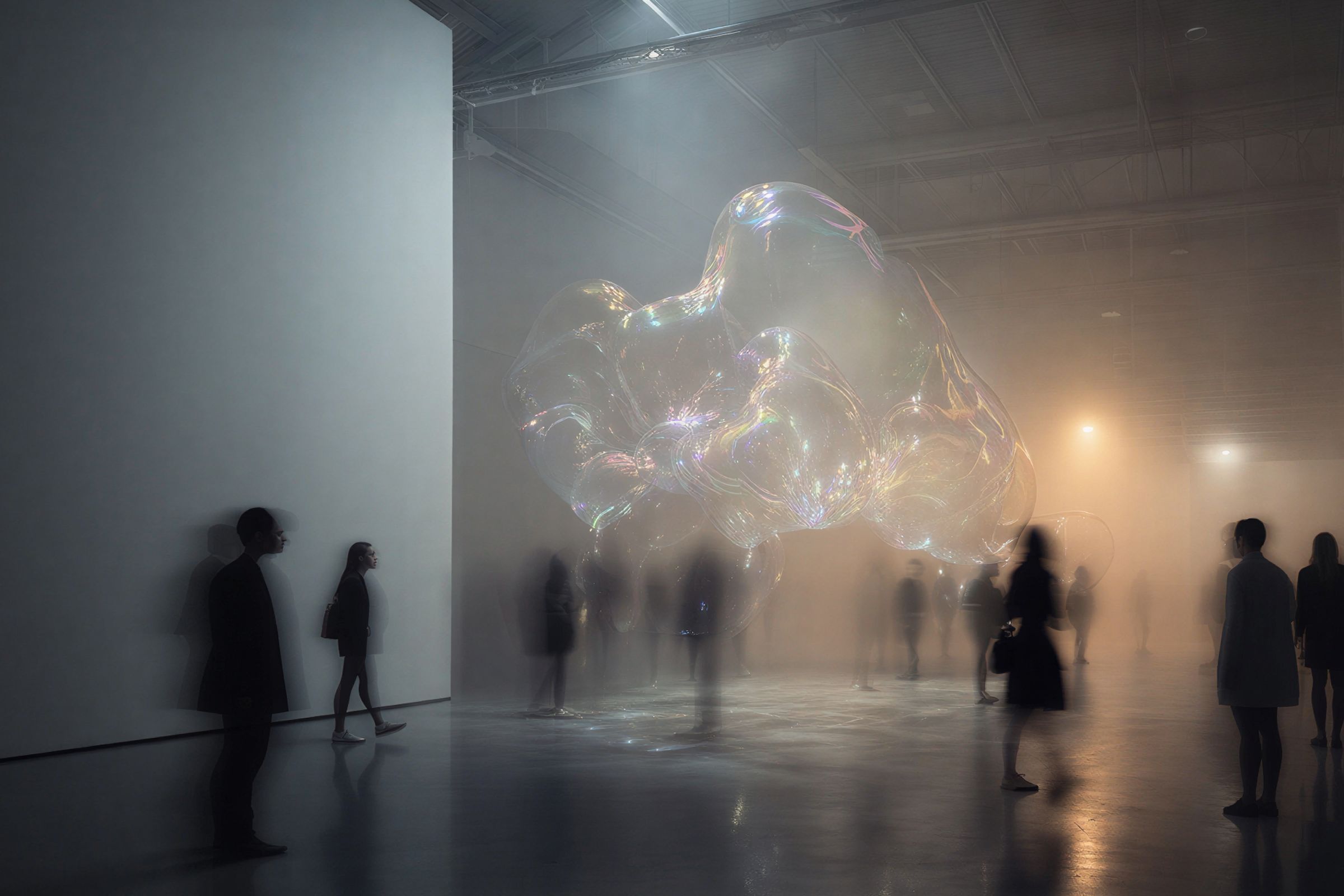 Silhouetted people in a hazy hall beneath a floating translucent shape.