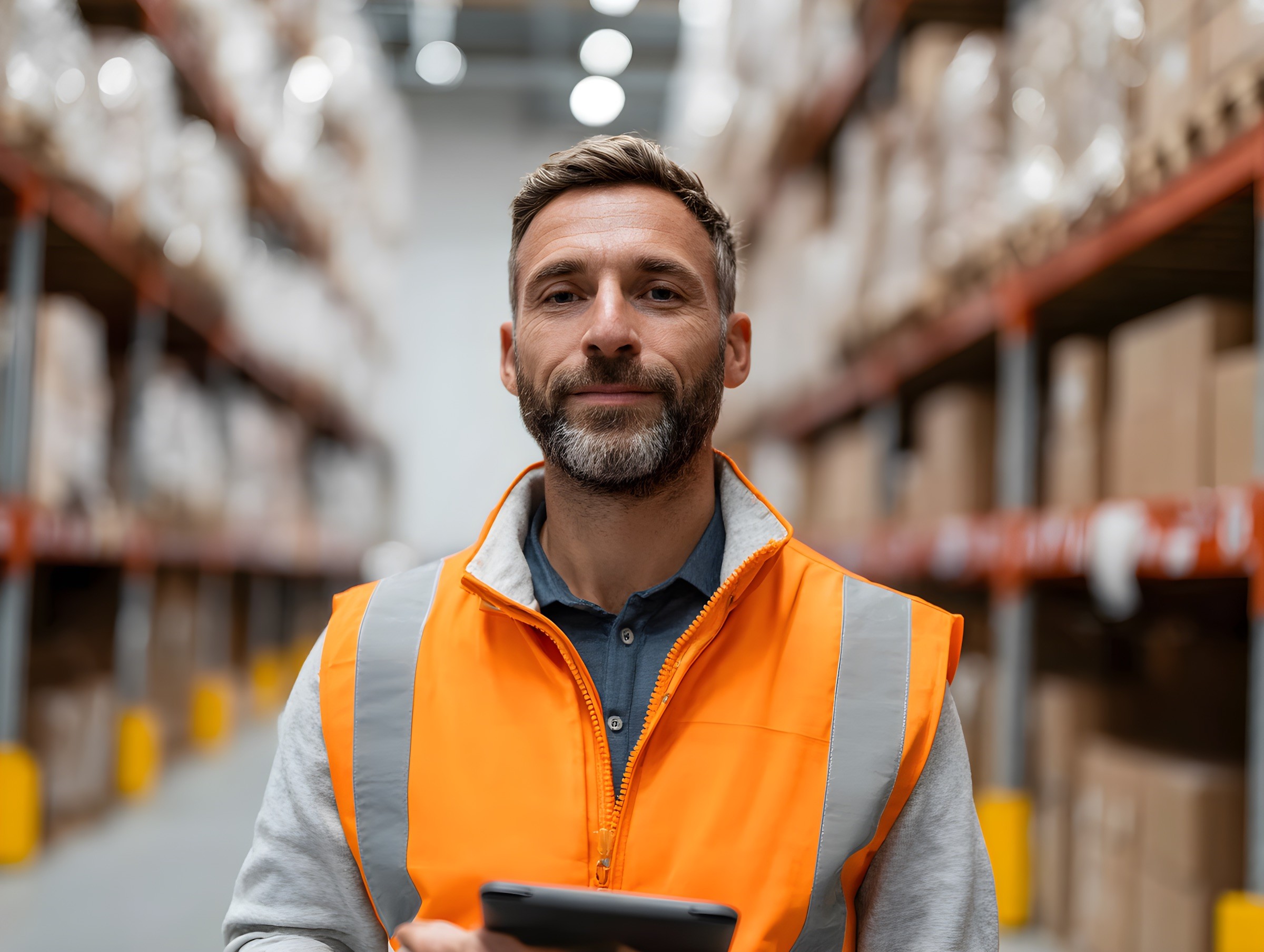 A man in a high-visibility vest holding a tablet in a warehouse aisle.