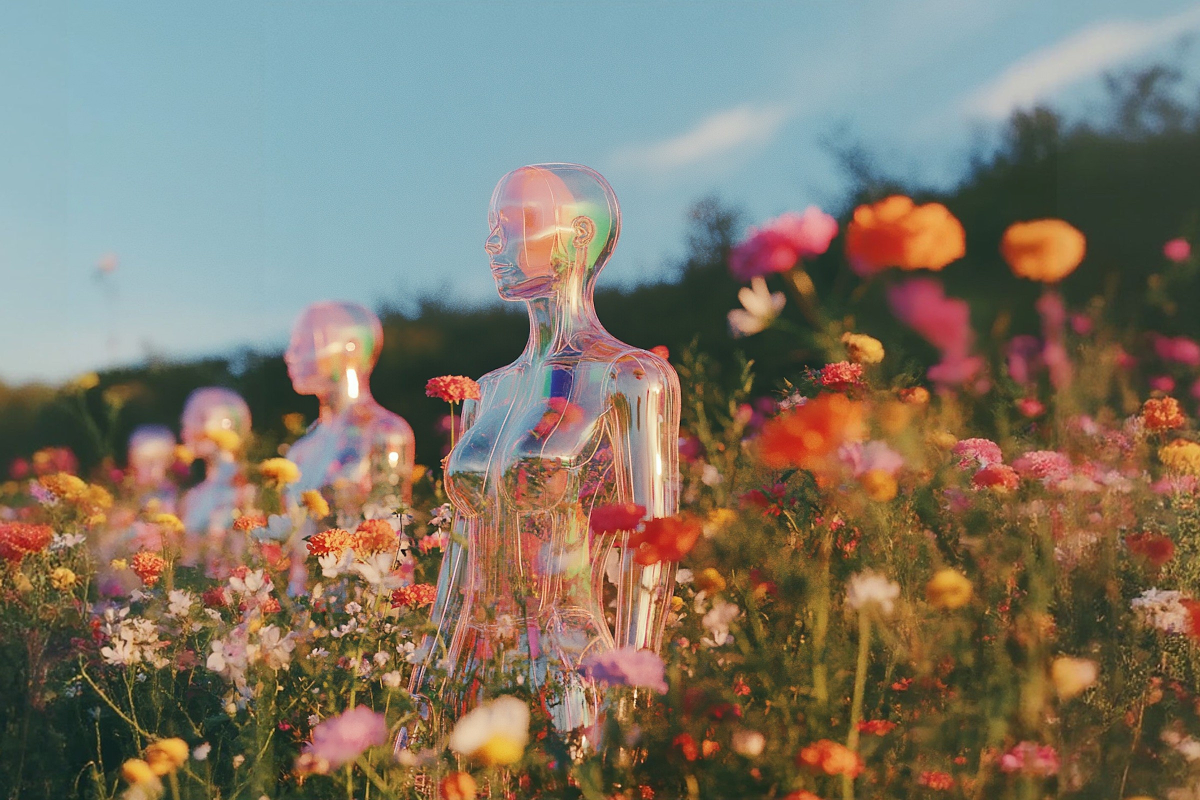 Transparent human figures standing in a field of wildflowers.