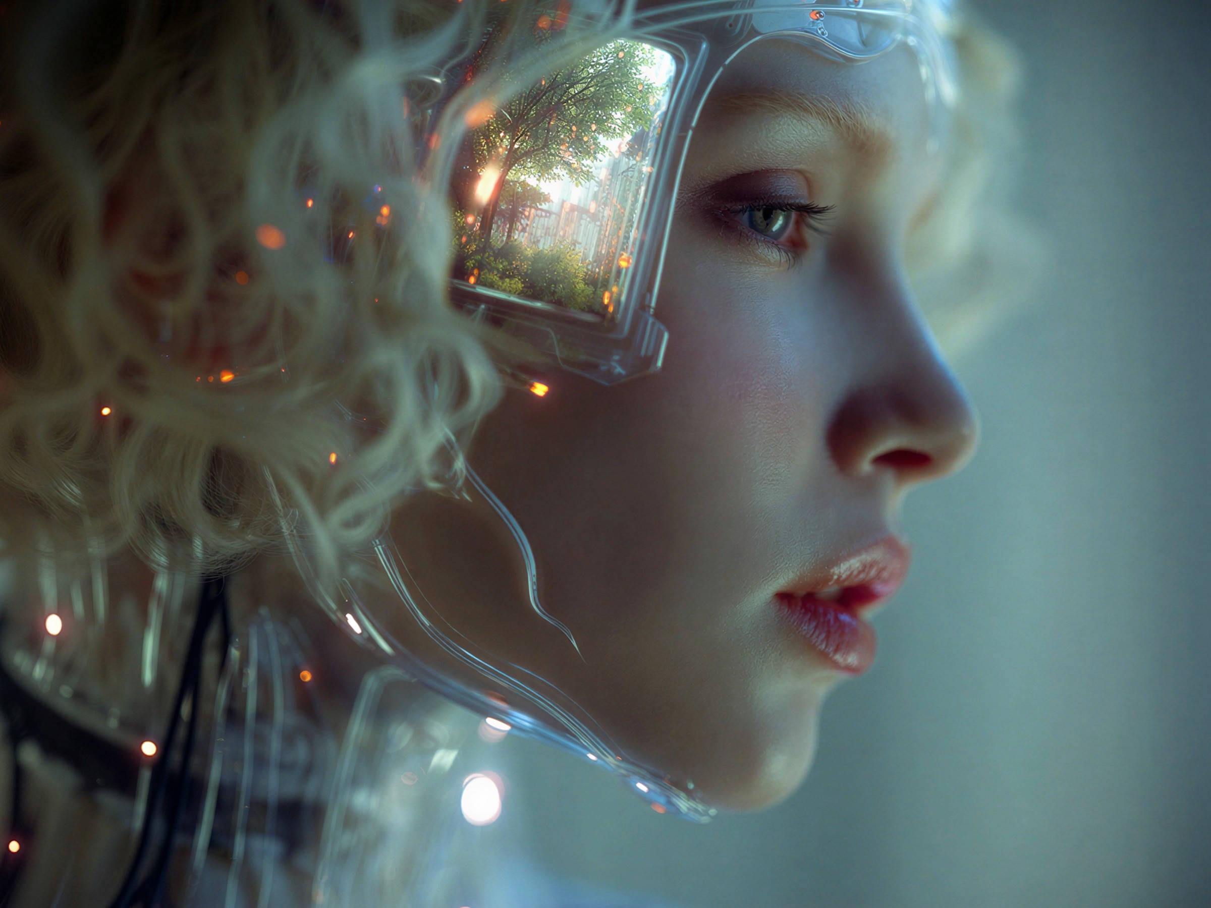 A woman in profile wearing a clear visor that reflects a green landscape.