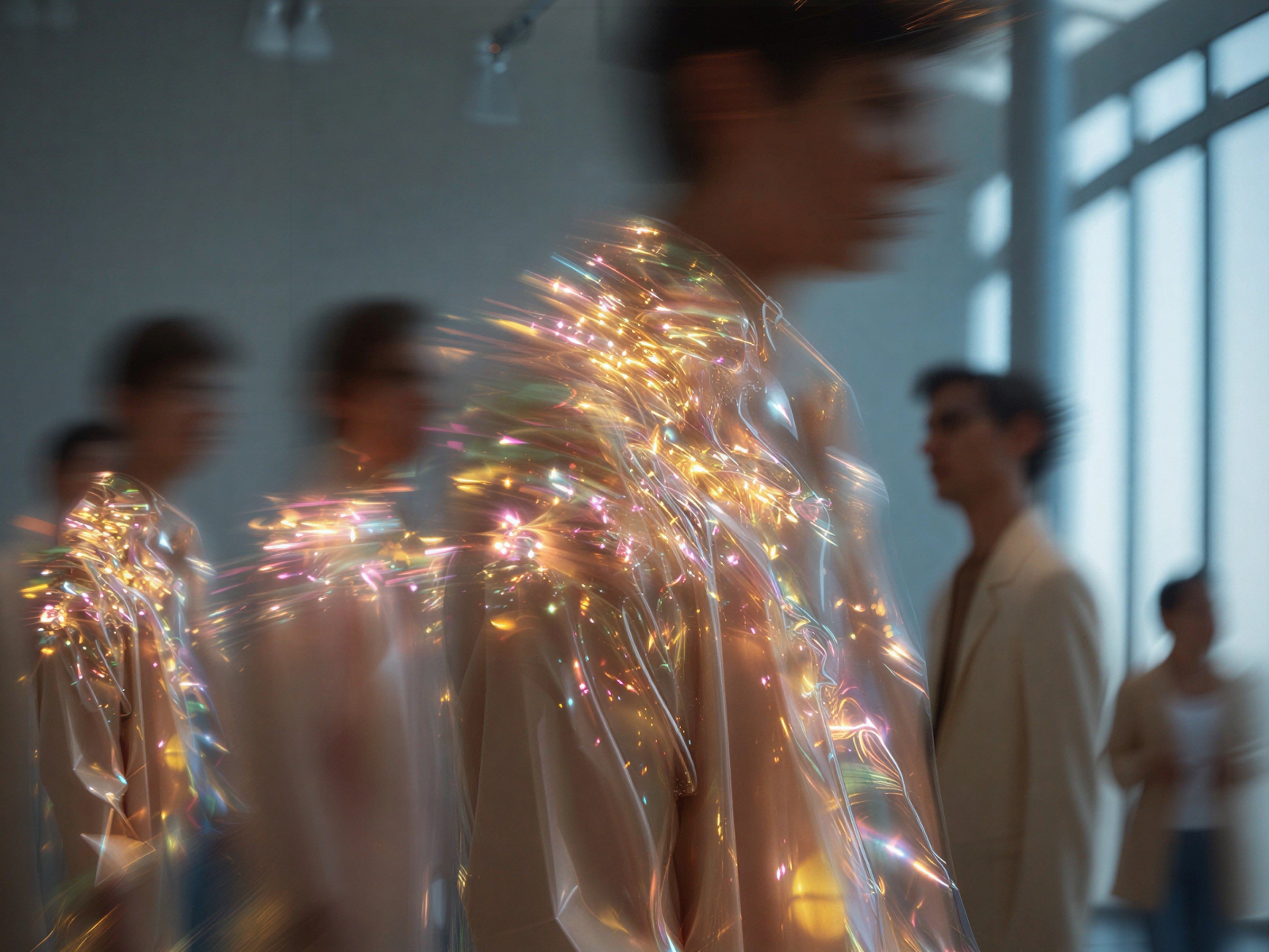 People in a bright hall with their figures blurred into glittering light.