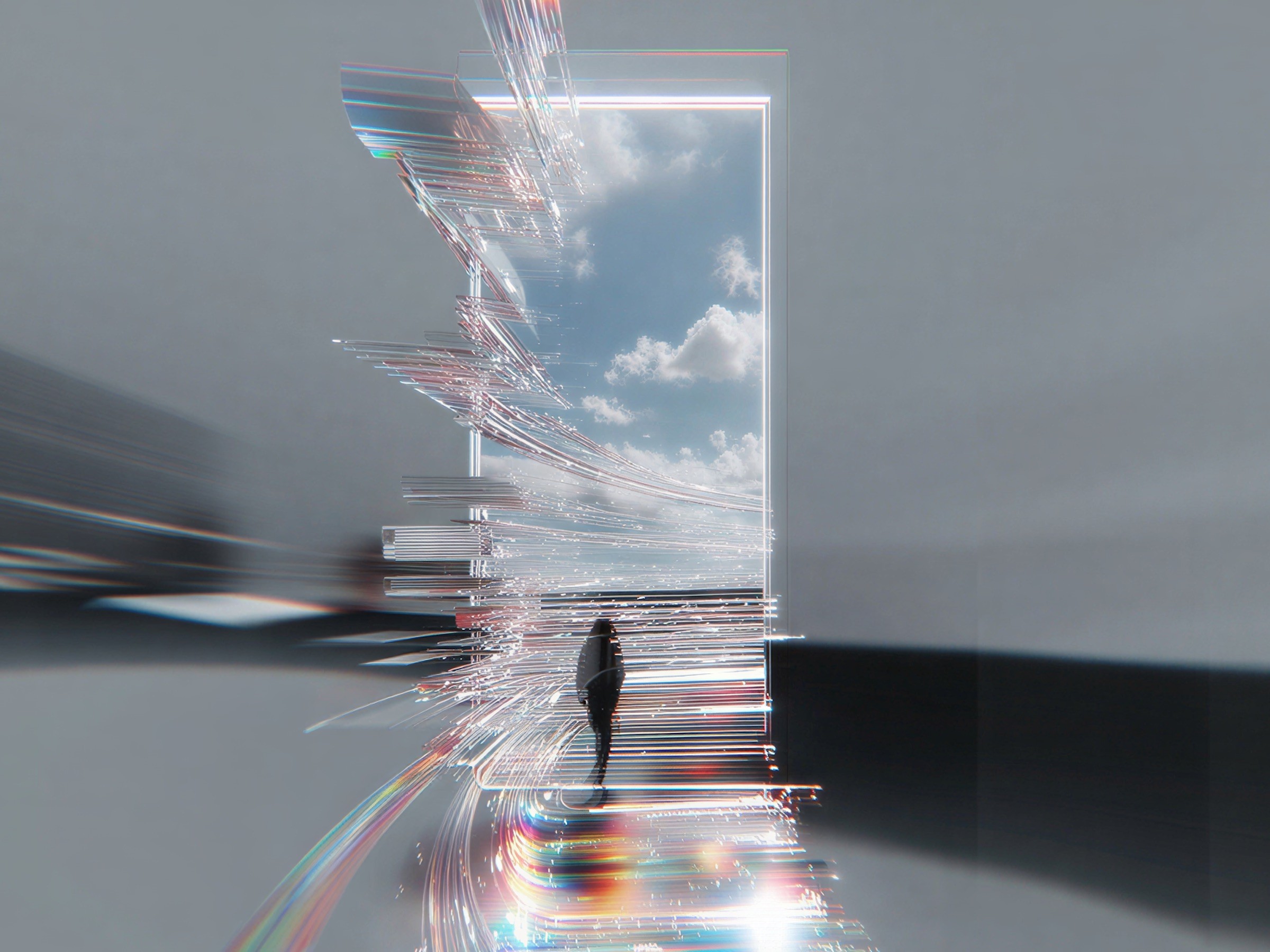 A person walking toward a bright doorway at the end of a corridor of light.