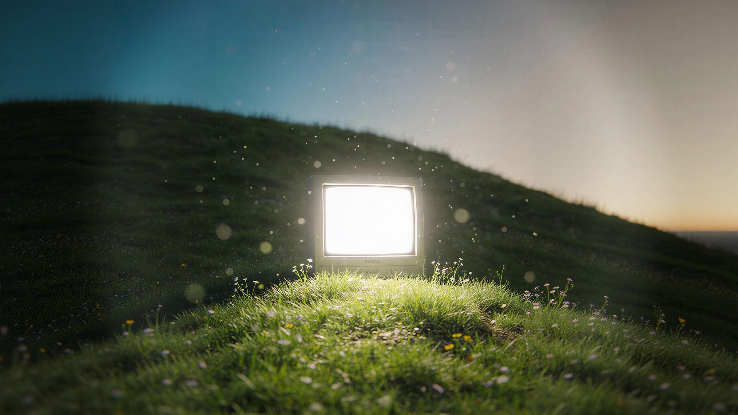 A glowing old television screen sitting on a grassy hillside at dusk.