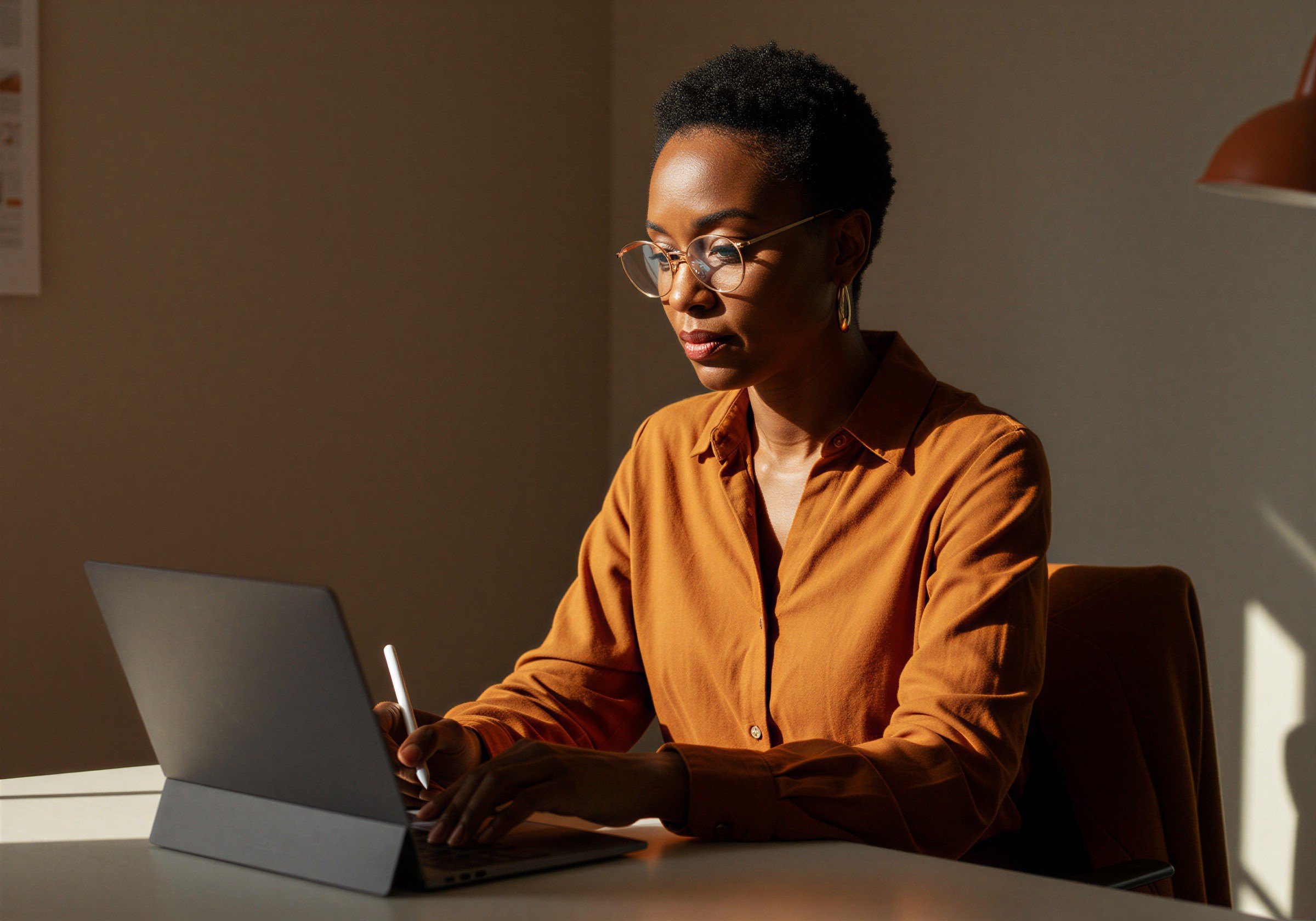 A woman in an orange shirt working on a tablet at a desk in warm light.