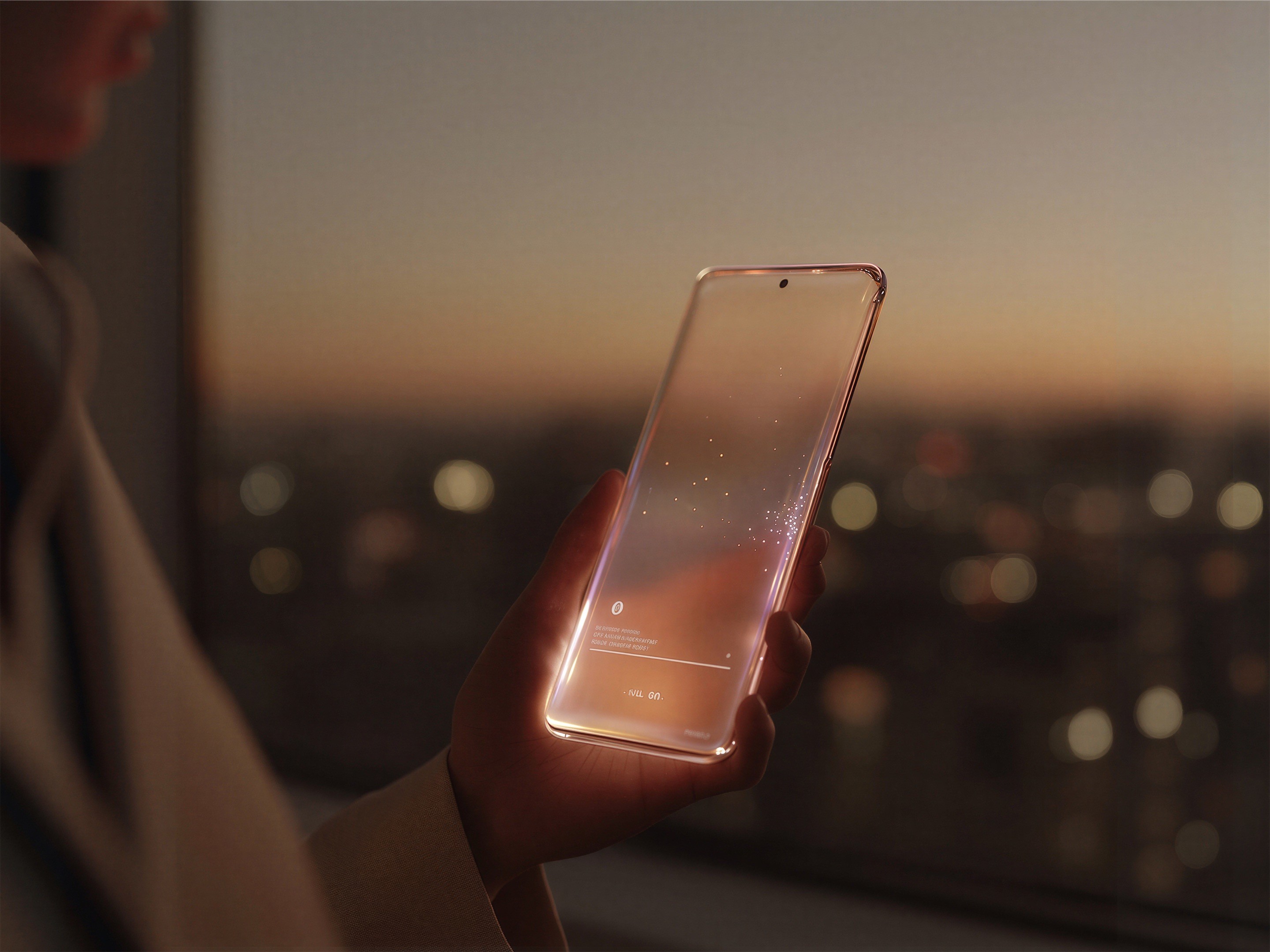 A hand holding a glowing transparent phone against a city at dusk.